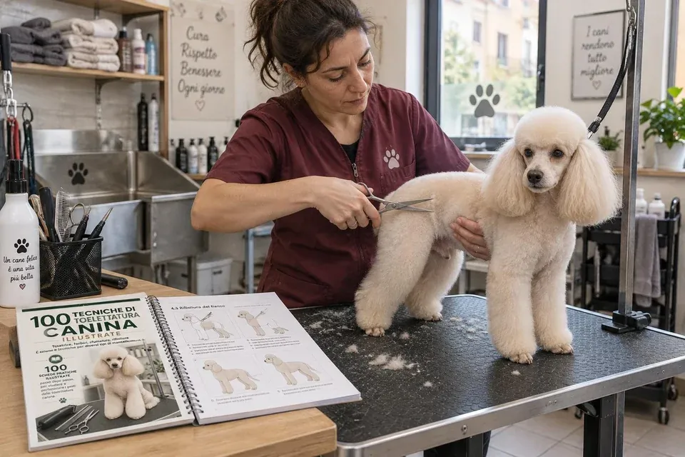 Una toelettatrice italiana rifinisce il pelo di un barboncino con la guida illustrata aperta accanto alla postazione