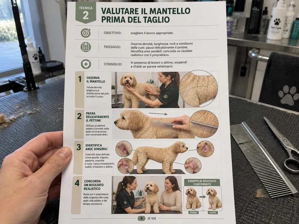 Una mano tiene una scheda A4 di tecniche di toelettatura